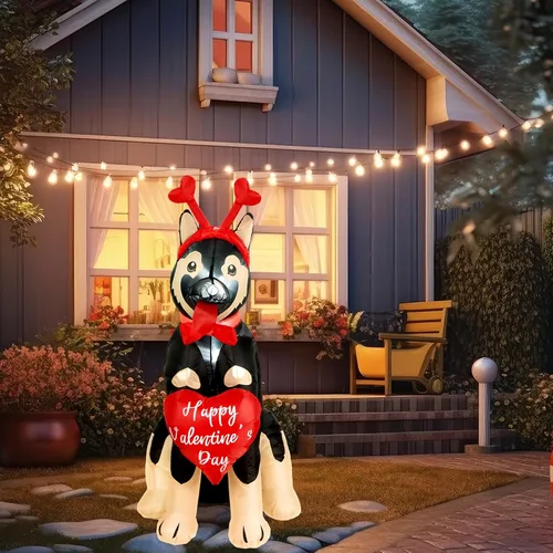 Vista 4 de Pastor alemán inflable de 5 pies para el día de San Valentín con decoración de corazón, decoración con luz LED, para interiores y exteriores