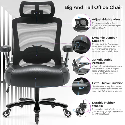 Vista 4 de Silla de oficina grande y alta de 600 libras, silla de computadora ejecutiva resistente con brazos abatibles 3D, ruedas grandes, silla de escritorio