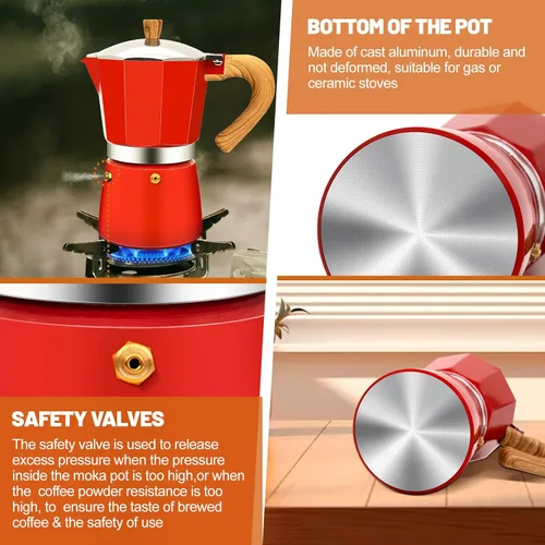 Vista 6 de Cafetera de Espresso de 3 Tazas de Aluminio para Estufa, Olla de Moka, Cafetera de Café Expresso, Percolador, Cafetera Clásica Italiana