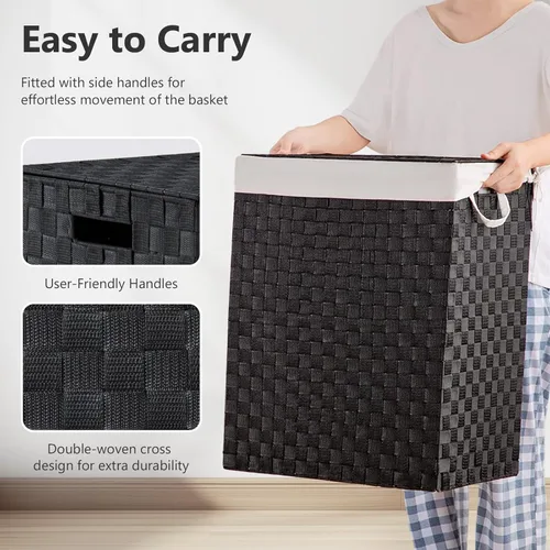 Vista 2 de Fiona's magic - Cesta plegable para ropa sucia con tapa, tejida a mano de 96 litros con bolsas de forro extraíbles, cesta alta plegable para Negro