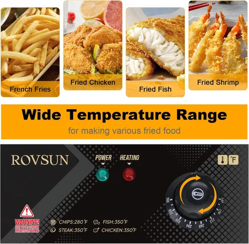 Vista 2 de ROVSUN Freidora eléctrica de 11.4 cuartos de galón con cesta y tapa, freidora de cocina comercial de 2500 W, freidora francesa de acero inoxidable
