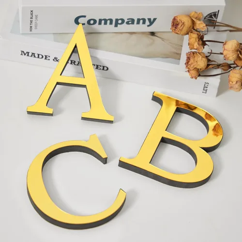 Vista 4 de Letras acrílicas 3D con espejo para pared, letras doradas, autoadhesivas, decoración de pared del hogar, letrero del alfabeto, calcomanías de pared