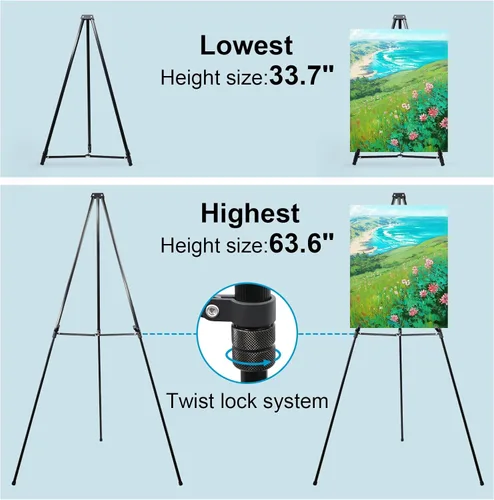Vista 4 de PUJIANG Caballete telescópico de aluminio de 63 pulgadas, trípode ligero ajustable para piso de 25 libras, letrero de exhibición de caballetes