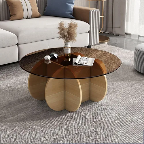 Vista 22 de HM&DX Mesa auxiliar redonda de cristal, base de madera maciza y parte superior de vidrio templado transparente, mesa auxiliar de café, mesa central