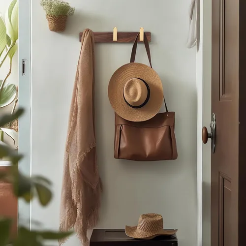 Vista 7 de Perchero montado en la pared, perchero colgante de entrada, riel para abrigos de metal y madera con 3 ganchos rústicos para abrigo, bufanda, bolsa