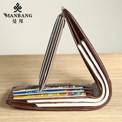 Vista 2 de Cuero de vaca auténtico cartera de lujo para hombre, de lujo, original, de tres pliegues, primera capa, de piel vacuna, horizontal, moda, Café