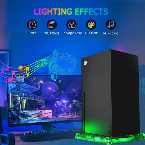 Vista 2 de RGB LED Stand for Xbox Series X S DOBEWINGDELOU Lights Up Vertical Stand Version 2.0 withIRRemoteAppControl 7 Color 300 Lighting Effects Music Sync