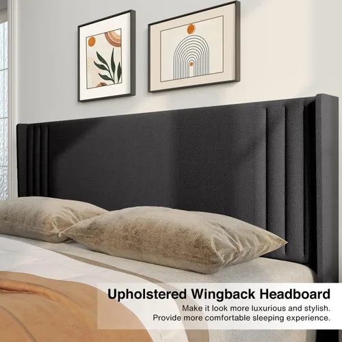 Vista 7 de Gizoon Base de cama matrimonial con cabecera de ala, plataforma tapizada con cabecera geométrica moderna, listones de madera, sin ruido, no necesita
