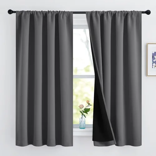 Vista 20 de NICETOWN Biscotti Beige 100% Cortinas opacas de 45" de largo para cocina, bolsillo con varilla para sótano completamente opaco, cortinas térmicas