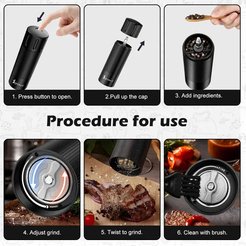 Vista 6 de Molinillo de pimienta profesional manual – Molinillo de pimienta de aluminio resistente, molinillo de especias de aluminio con grosor ajustable