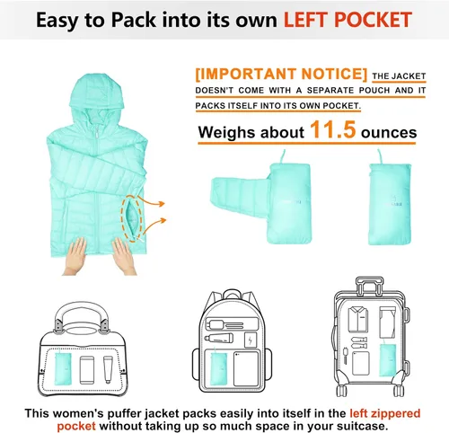 Vista 2 de Outdoor Ventures - Chaqueta acolchada ligera con cremallera completa para mujer, con capucha, abrigo de invierno acolchado