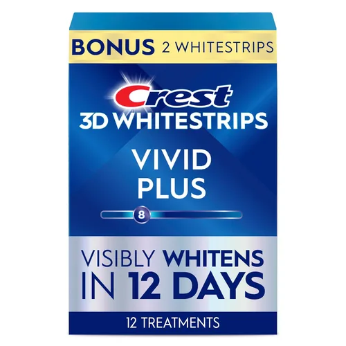 Crest 3D Whitestrips Vivid Plus, kit de tiras blanqueadoras de dientes, 10 tratamientos + 2 tratamientos adicionales (cada uno con 1 tira superior/1