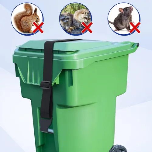 Vista 5 de Windyun 1 cerradura para cubo de basura para animales con correa de metal a prueba de osos para 28-96 galones, correa ajustable para basura al aire