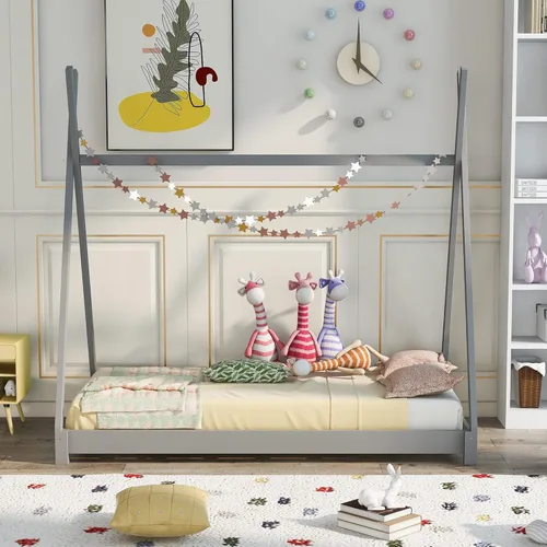 Vista 9 de Cama de plataforma de madera maciza tamaño individual con estructura triangular, marco de cama de suelo individual para niños, niñas, adolescentes