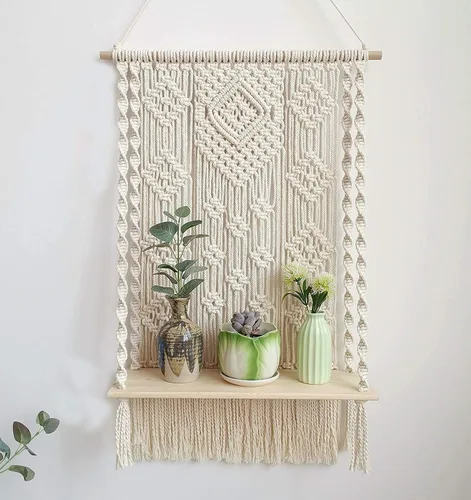 Vista 2 de Estante para colgar en la pared, estilo bohemio, macramé, hecho a mano, de madera, de algodón, para colgar en la pared, para decoración bohemia, #1