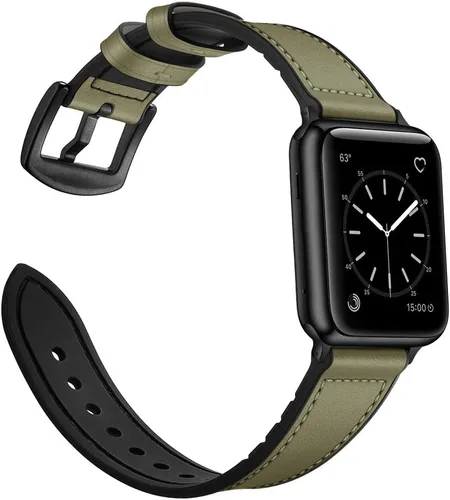 Vista 3 de OUHENG Correas de cuero compatibles con Apple Watch de 42mm 41mm 40mm 38mm, correa híbrida de cuero genuino y goma para iWatch Series 11 10 9 8 7 6