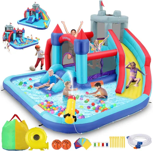 AKEYDIY Bounce House - Tobogán acuático para niños grandes de 8 a 12 y 3 a 10, combo de parque acuático inflable con toboganes dobles, área de