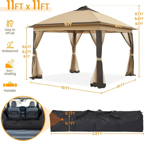 Vista 4 de Yaheetech Carpa de campaña instantánea desplegable de 11 x 11 pies con 17 luces LED solares y mosquitero con cremallera, refugio al aire libre