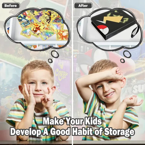 Vista 6 de Carpetas negras para tarjetas Pokémon, 4 bolsillos, capacidad para 504 tarjetas de juego con 63 fundas, colección de tarjetas coleccionables