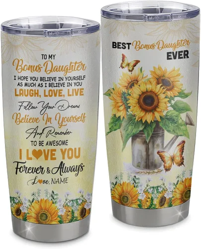 Vista 11 de Vaso de acero inoxidable personalizado con texto en inglés «To My Bonus Daughter From Stepmom», vaso curvado de 20 onzas con diseño de girasol