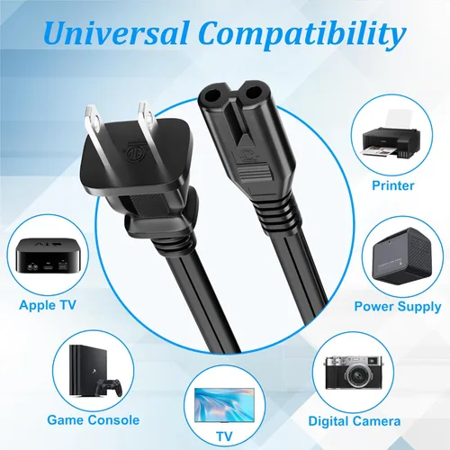 Vista 3 de Cable de alimentación de 2 clavijas de 2 pies (paquete de 2), cable de alimentación de CA no polarizado, 7A, 125V, ETL, compatible con PS5/PS4