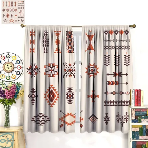 Vista 129 de Cortinas con patrón geométrico tribal, estilo suroeste, azteca, rústico, occidental, nativo americano, opacas, con bolsillo para barra, decoración