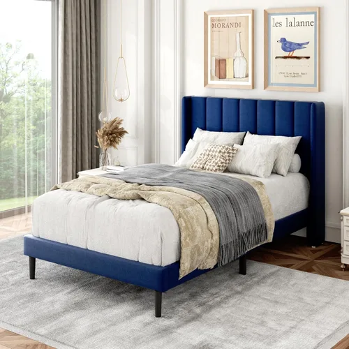 Vista 111 de Base de cama tamaño Queen con cabecera tapizada con respaldo de ala, plataforma de fácil montaje, soporte de listones de madera, no necesita somier