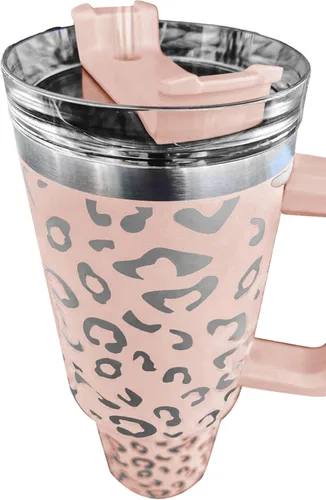 Vista 5 de Lashicorn Vaso de 40 onzas con asa y pajita, color rosa, nude, leopardo, plata, tapa de taza de 10 pulgadas de alto, incluida taza de viaje aislada