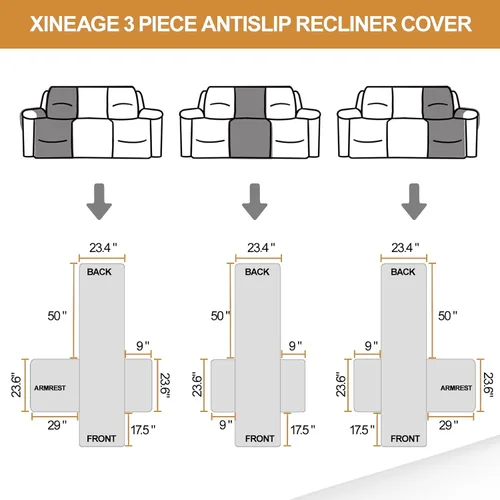 Vista 5 de Funda reclinable resistente al agua, fundas para sofá reclinable de 3 asientos con bolsillos, funda protectora acolchada gruesa para perros