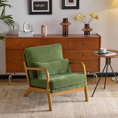 Vista 12 de VINGLI Silla de Acento Moderna de Chenilla de Mediados de Siglo, Linda Silla de Lectura con Brazos con Cojín y Almohada Lumbar y Marco de Madera