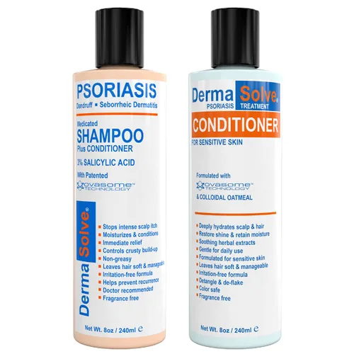 DermaSolve - Champú y acondicionador médico libre de psoriasis del cuero cabelludo y caspa, tratamiento definitivo para la dermatitis seborreica,