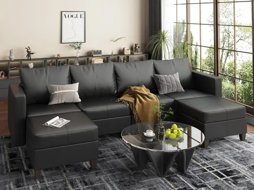 Vista 3 de EASE MOOSE Sofá Seccional Modular en Forma de U con Almacenamiento, Sofá Seccional de Piel Sintética para Sala de Estar, Negro