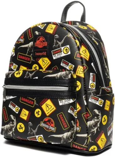 Vista 4 de Loungefly Mini-mochila de señales de advertencia de Jurassic Park, Negro, talla única