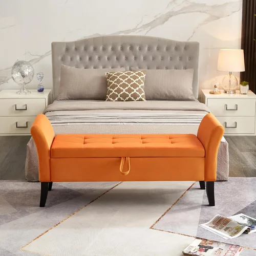 Vista 11 de 51.5" Velvet Storage Bench, Upholstered Button Tufted Design, Bedside Bench with Armrests, Secure Hinged Storage Space, Suitable for Bedroom Living