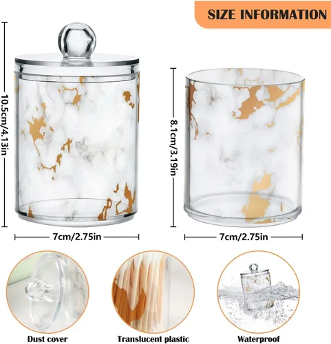 Vista 4 de ALAZA Paquete de 2 dispensadores de soporte Qtip para bolas de algodón, mármol gris, blanco, oro, hisopo de algodón fluido, almohadillas redondas