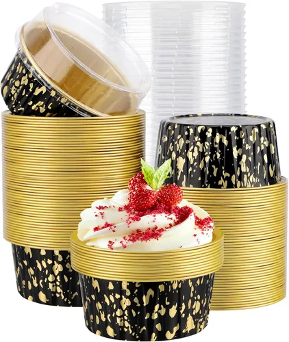 Vista 23 de EUSOAR Vasos para cupcakes con tapas, paquete de 50 forros para magdalenas de 5 onzas de colores surtidos, moldes desechables de papel de aluminio
