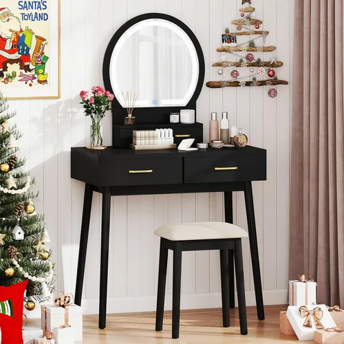 Vista 11 de CHARMAID Escritorio de tocador con espejo iluminado, mesa de maquillaje negra con 4 cajones de almacenamiento, 3 modos de iluminación, patas