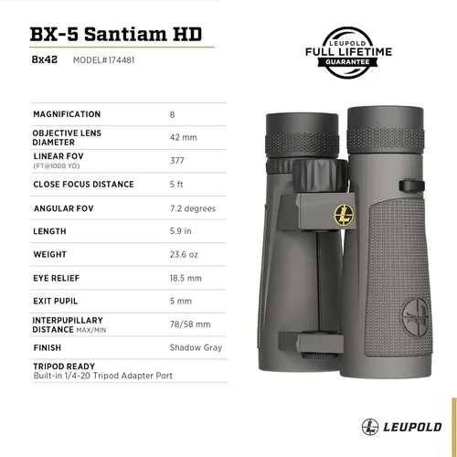 Vista 5 de Leupold BX-5 Santiam HD Binoculares, 8x42mm (174481)