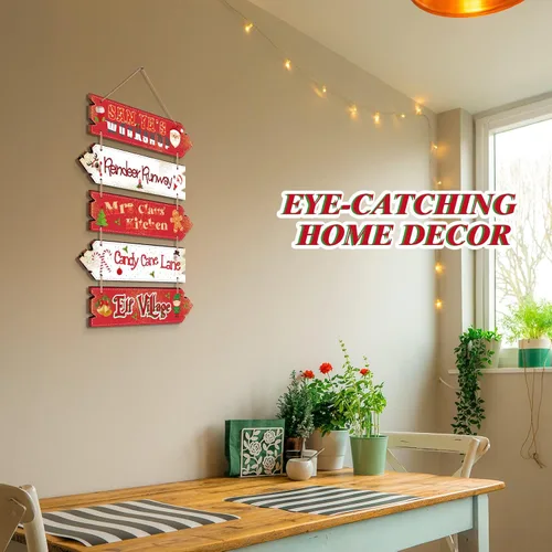 Vista 3 de Roowest Letrero colgante de madera de Navidad, decoración de taller de Papá Noel, diseño rústico direccional de flecha de jengibre, decoración