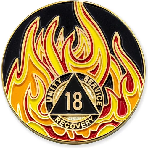 Vista 16 de Medallón de recuperación AA chapado en oro de 1 año Twisted Flames - Negro/Rojo/Naranja/Amarillo