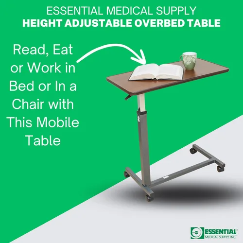 Vista 5 de Essential Medical Supply Mesa automática de altura ajustable para colocar sobre la cama, parte superior de madera con ruedas de bloqueo, perfecta