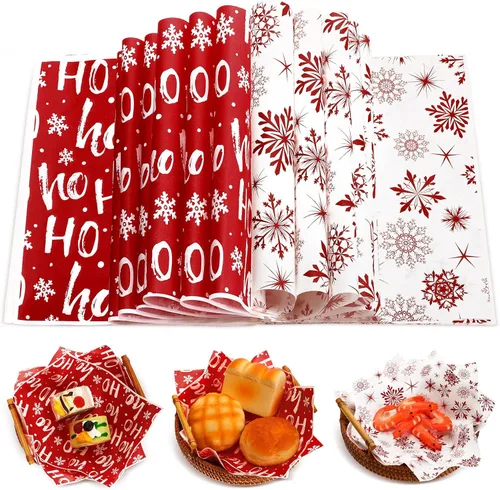 Vista 8 de Fumete 80 piezas de hojas de papel encerado de Navidad para alimentos, papel encerado con copos de nieve, papel encerado Hoho, envoltorios a granel