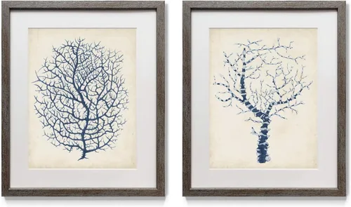 Vista 24 de Renditions Gallery Antique Coral in Navy (1) 2 Piece Framed Artwork Set, Underwater Ocean Themed Pair, Blue, Modern Distressed Silver Frame, White