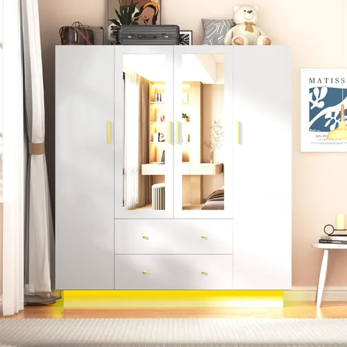 Armario de 4 puertas con espejo, armario LED con puertas y cajones, armario de almacenamiento de madera con barra para colgar, estantes ajustables,