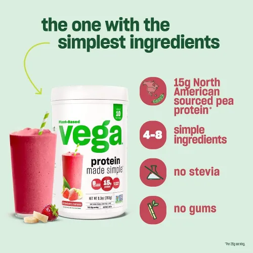 Vista 5 de Vega Proteína hecha simple, fresa y plátano, proteína vegana a base de plantas en polvo, saludable, sin gluten, proteína de guisante para mujeres