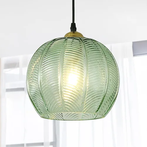 9.8'' Green Glass Pendant Lighting, Single Large Globe Chandelier with Ribbed Glass Lampshade, Nordic Ceiling Hanging Ball Light Fixture for Kitchen