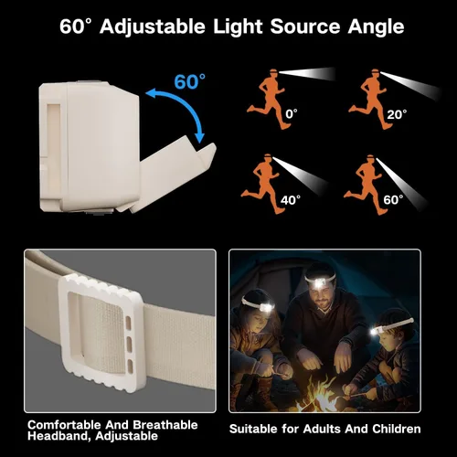 Vista 3 de Linterna frontal LED recargable, linterna súper brillante con luz roja, luces de cabeza con sensor de movimiento para la frente, impermeable y Beige