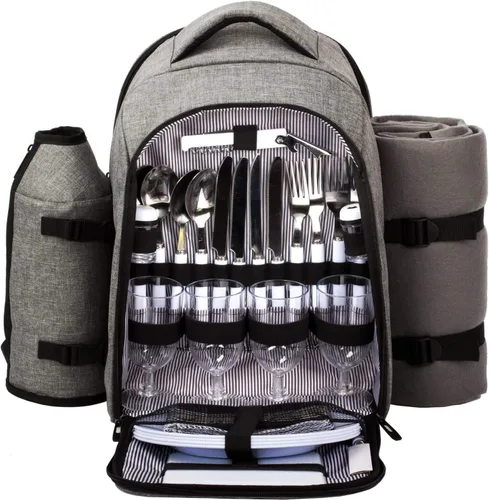 Vista 12 de Hap Tim Mochila de cesta de pícnic para 4 personas con 2 compartimentos aislados de refrigeración, soporte para vino, manta de forro de vellón