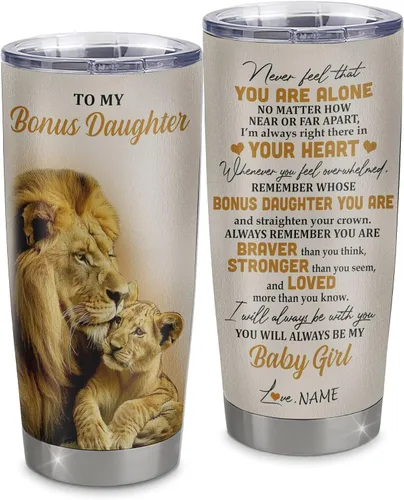 Vista 6 de Vaso de acero inoxidable personalizado con texto en inglés «To My Bonus Daughter From Stepmom», vaso curvado de 20 onzas con diseño de girasol