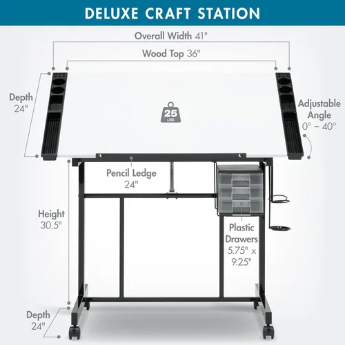 Vista 3 de Studio Designs - Estación de manualidades de lujo, mesa de dibujo ajustable en la parte superior, mesa de dibujo, mesa de pasatiempos, escritorio